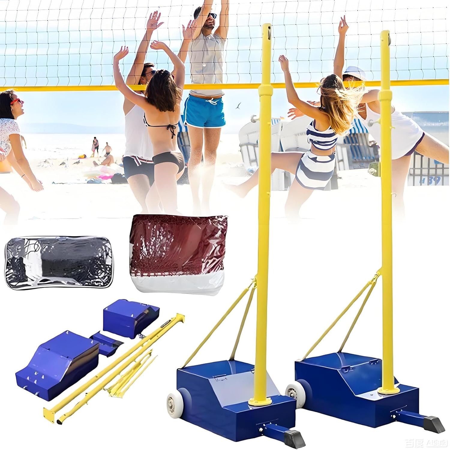 Volleyball/Badminton Poles,Badminton Net Bracket Mobile Net Badminton Net Frame((1 Volleyball Net+1 Badminton Net) -Wheel/4 Adjustable Heights,for Backyard Outdoor School Stadium