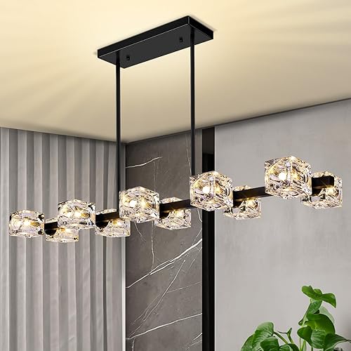 Miniatura 8 de Candelabros negros para comedor, modernas luces colgantes de cristal con pantalla de cubo, 8 luces de techo colgante de granja sobre mesa para isla