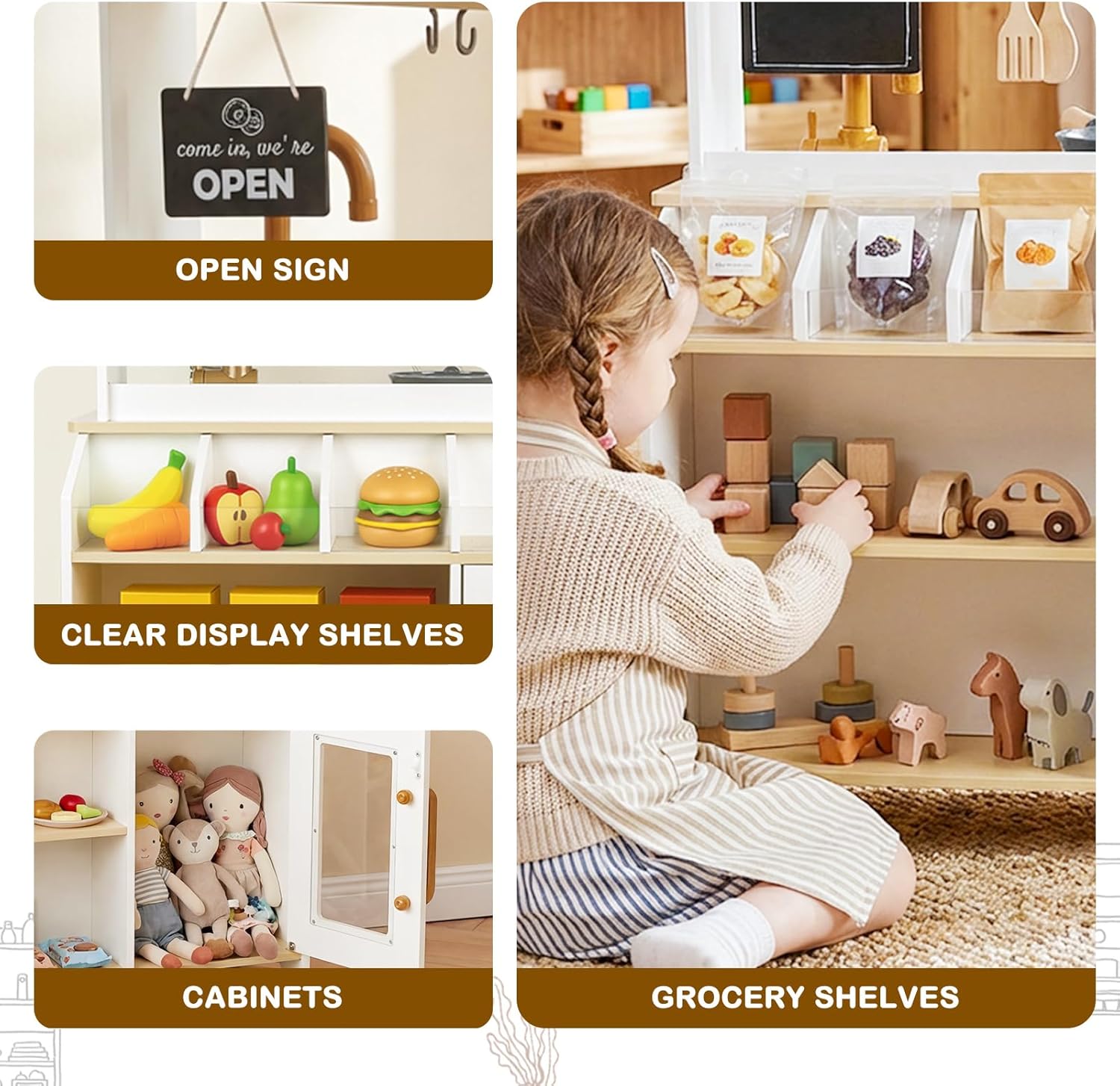 DREAM BUILDING Dual-Sided Play Kitchen for Kids Toddlers, 2-in-1 Grocery Store&Wooden Toy Kitchen Set with Coffee Machine,Pretend Kitchen Play Set with Microwave, Oven, Gift for Boys Girls - Image 7