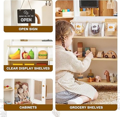 Miniatura 7 de Juego de cocina para niños pequeños, tienda de comestibles 2 en 1 y juego de cocina de juguete de madera con máquina de café, juego de cocina con