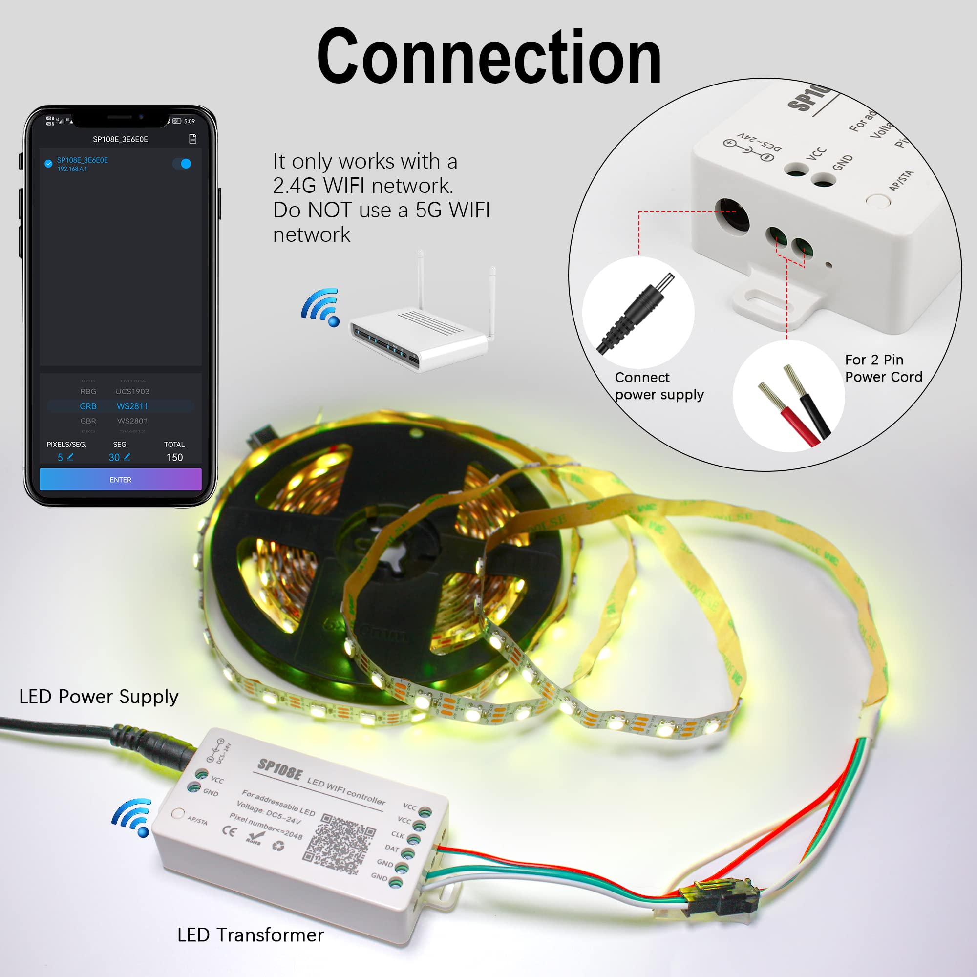 VIPMOON SP108E Contrôleur LED WIFI DC 5V-24V pour Bande LED IC SK6812 SK6812-RGBW WS2812 WS2813 WS2815 AL2815,180 modes dynamiques et DIY pour ajuster Couleur,Eclat,Vitesse,facile à utiliser.