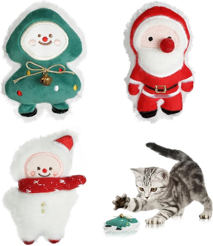 Brinquedos para Gatos com Catnip em Pelúcia Natalina FOIMAS, Papai Noel, Árvore e Boneco de Neve, Pacote com 3