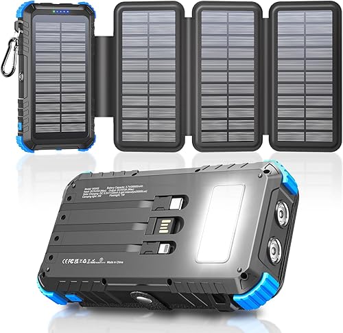 Cargador Solar de 26800mAh con 4 Paneles Solares, USB C 15 W Carga Rápida, 5 Salidas y 3 Cables, Power Bank Solar para Exteriores con Mosquetón y Linternas para Camping, Teléfonos y Tabletas