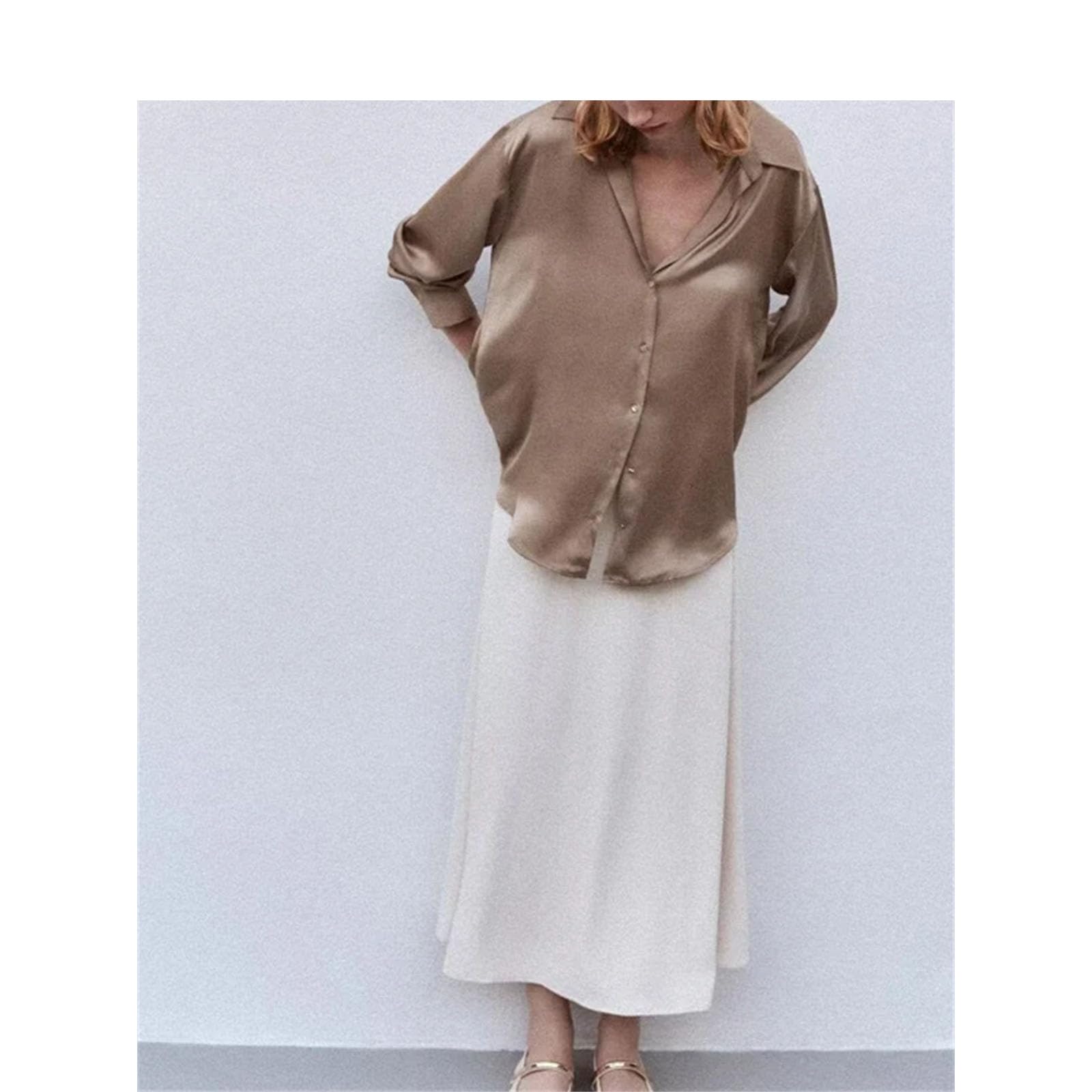 Blusa de satén para mujer, con solapa, manga larga, ajuste holgado, cómoda, suave, para oficina, uso diario