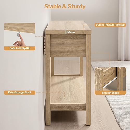 Miniatura 6 de SICOTAS Mesa consola de ratán para entrada, mesa de entrada bohemia con almacenamiento y cajones, mesa de entrada pequeña de madera para pasillo