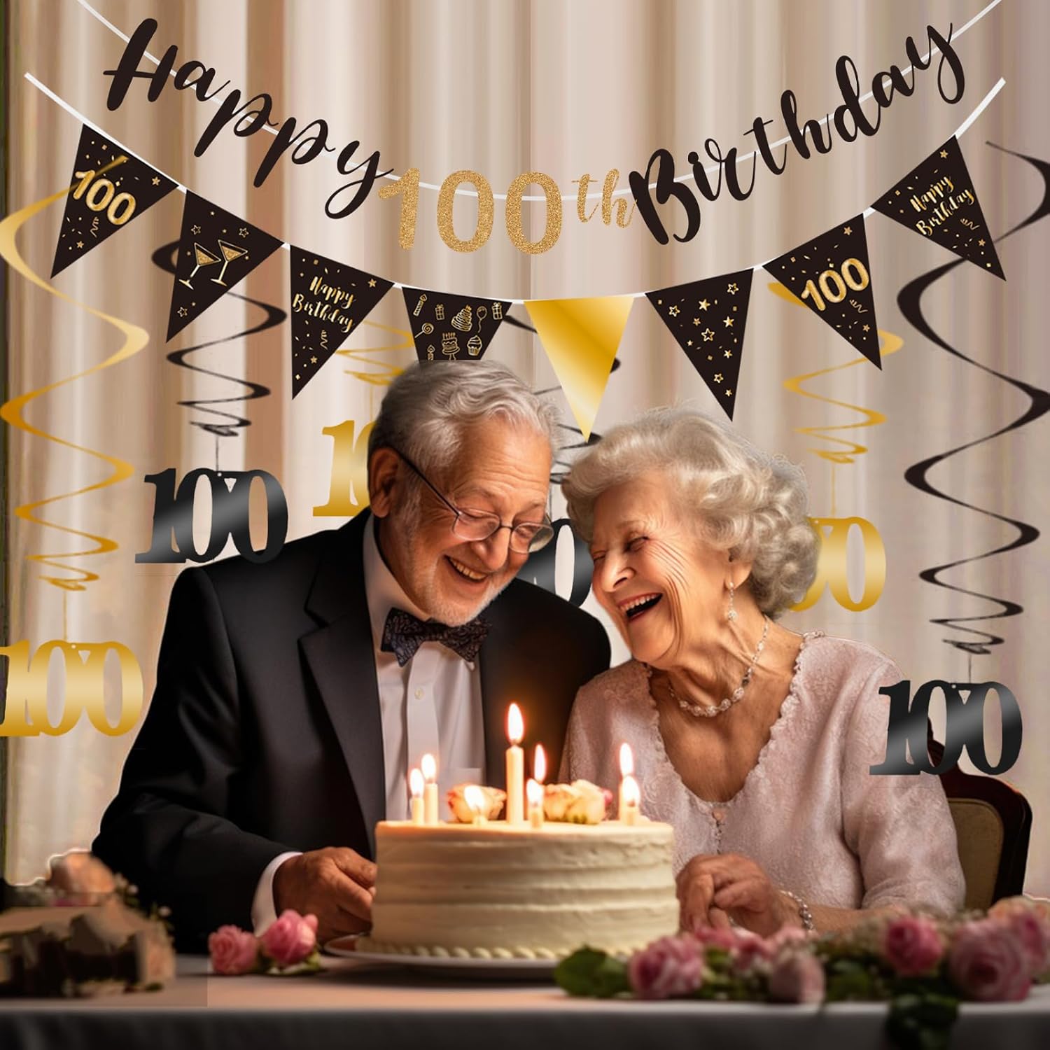 BRT Bearingshui Happy 100th Birthday Triangle Flag Banner Bunting Swirls Streamers Decoration Kit for Birthday Party Decorations Supplies Black and Gold 100th - Image 4