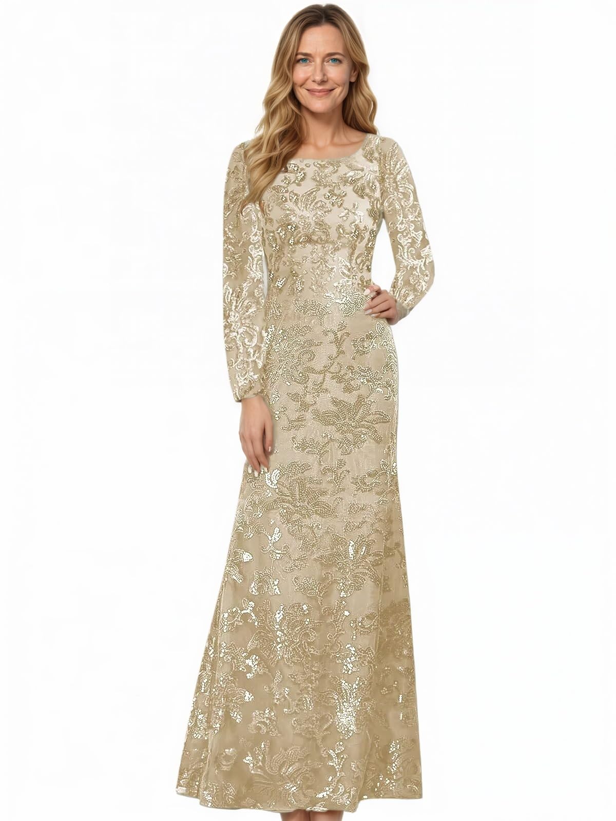 Women s Sequin Mother of Bride Dresses for Wedding Long Sleeve Evening Gown A Line Formal Dress MM013