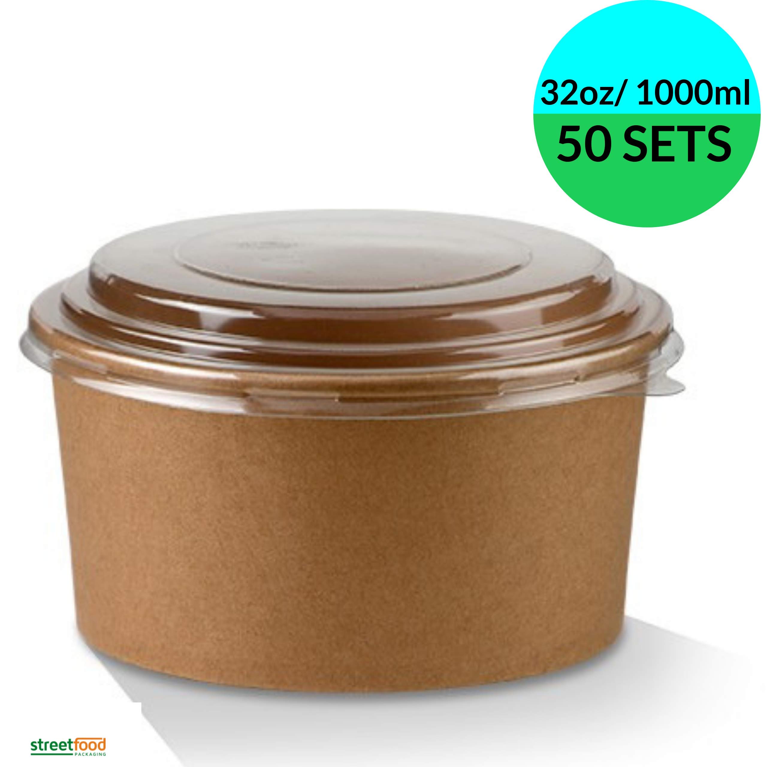 32oz Paper Salad Container Bowls with Lids [50 Sets, 32oz, 1000ml