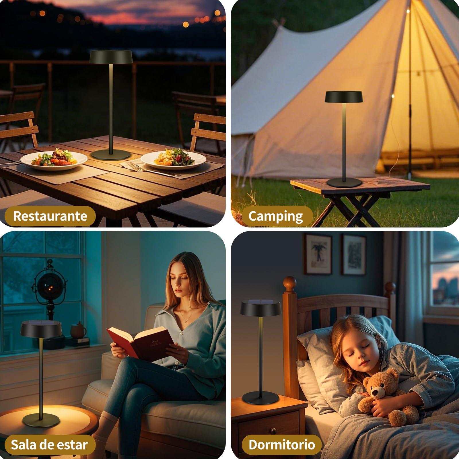 Suright Lámpara de Mesa Solar Sin Cable, Lámpara de Noche Recargable con Energía Solar y USB-C, 3 Modos de Color, Brillo Ajustable, IP65 Resistente al Agua para Uso en Interiores y Exteriores