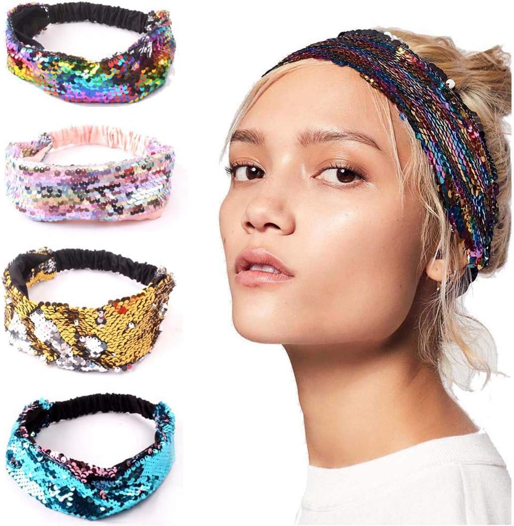 Fairvir Boho Headband Purple Sequin Mermaid Bling Hair Bands Party Date Stretchy Bohemia Hair Accessories for Women and Girls(4pcs)