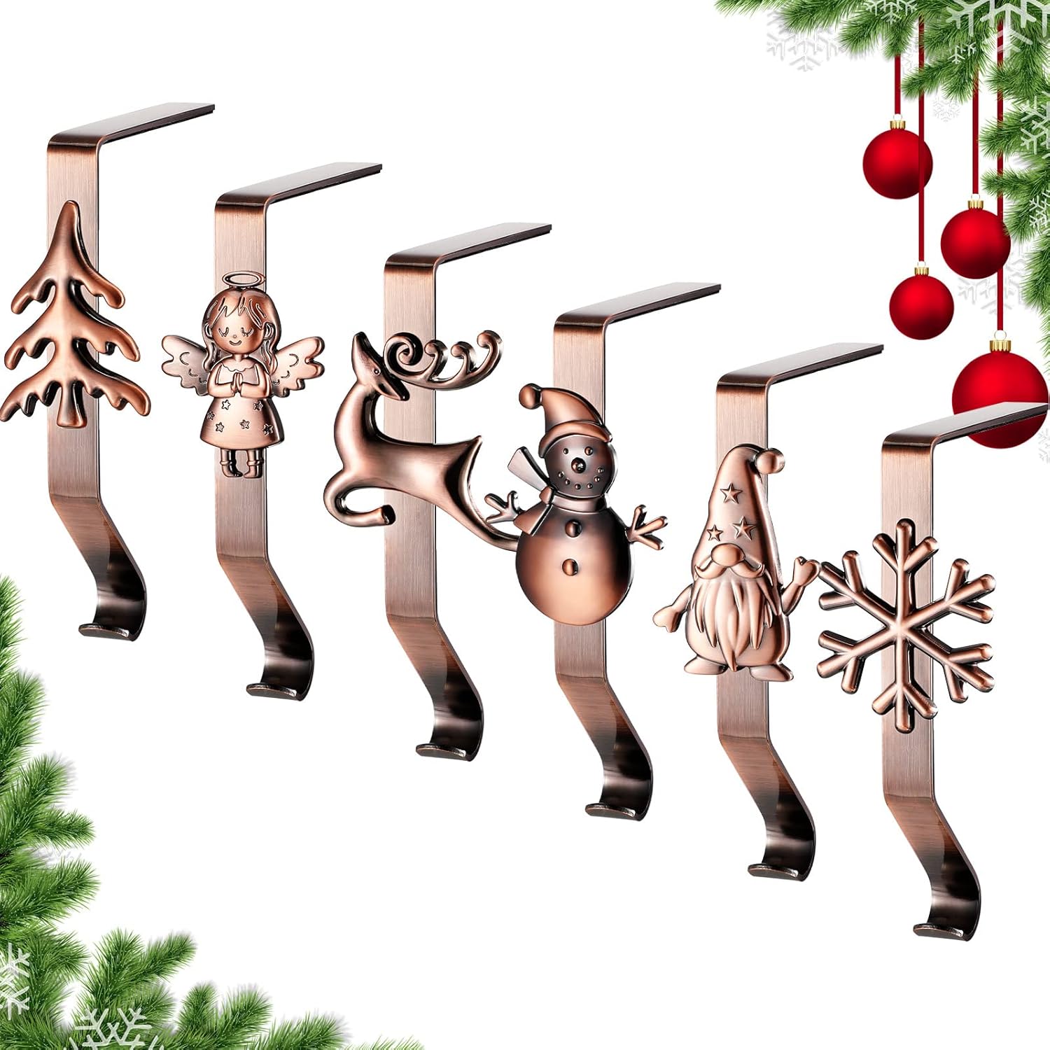 Hotop 6 Pieces Christmas Stocking Holder for Mantle Metal Strong Heavy Stocking Hangers Hooks with Snowflake Deer Snowman Angel Non Slip Adjustable Xmas Grips for Christmas Decoration(Antique Bronze)