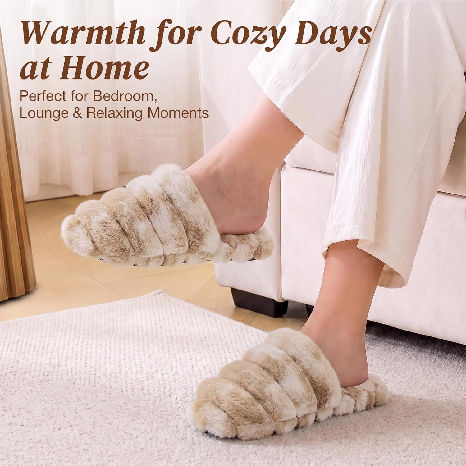 HUXMEYSON Women's Fuzzy Slippers, Ribbed Plush Non-slip House Shoes, Slip on Slippers for Women with Fluffy Faux Fur, Indoor & Outdoor