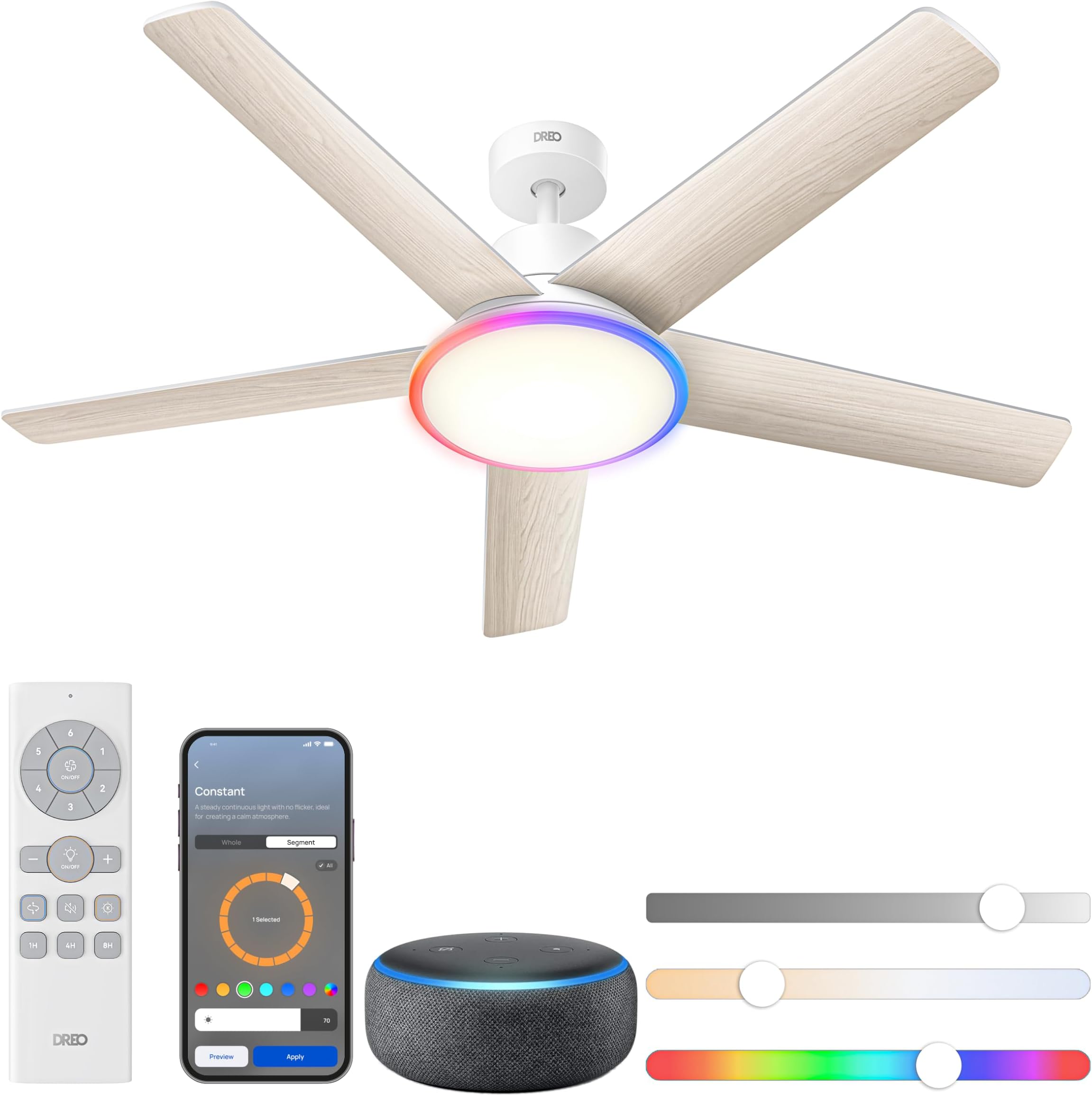 Dreo 52" Smart Ceiling Fan, Dimmable LED Light, 12 Speed, 3 Modes, 12H Timer, Silent DC Motor, Remote Control/APP/Alexa, White Indoor