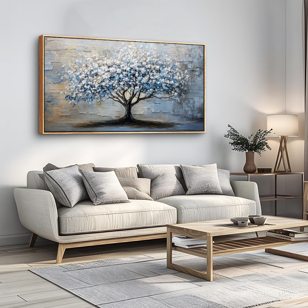 ERQINHUA Wall Art For Living Room Large Wall Decor Art For Office Abstract Wall Pictures Blue Grey Tree Wall Painting Framed Canvas Art Bedroom Decoration Farmhouse Home Decor Wood Framed 20