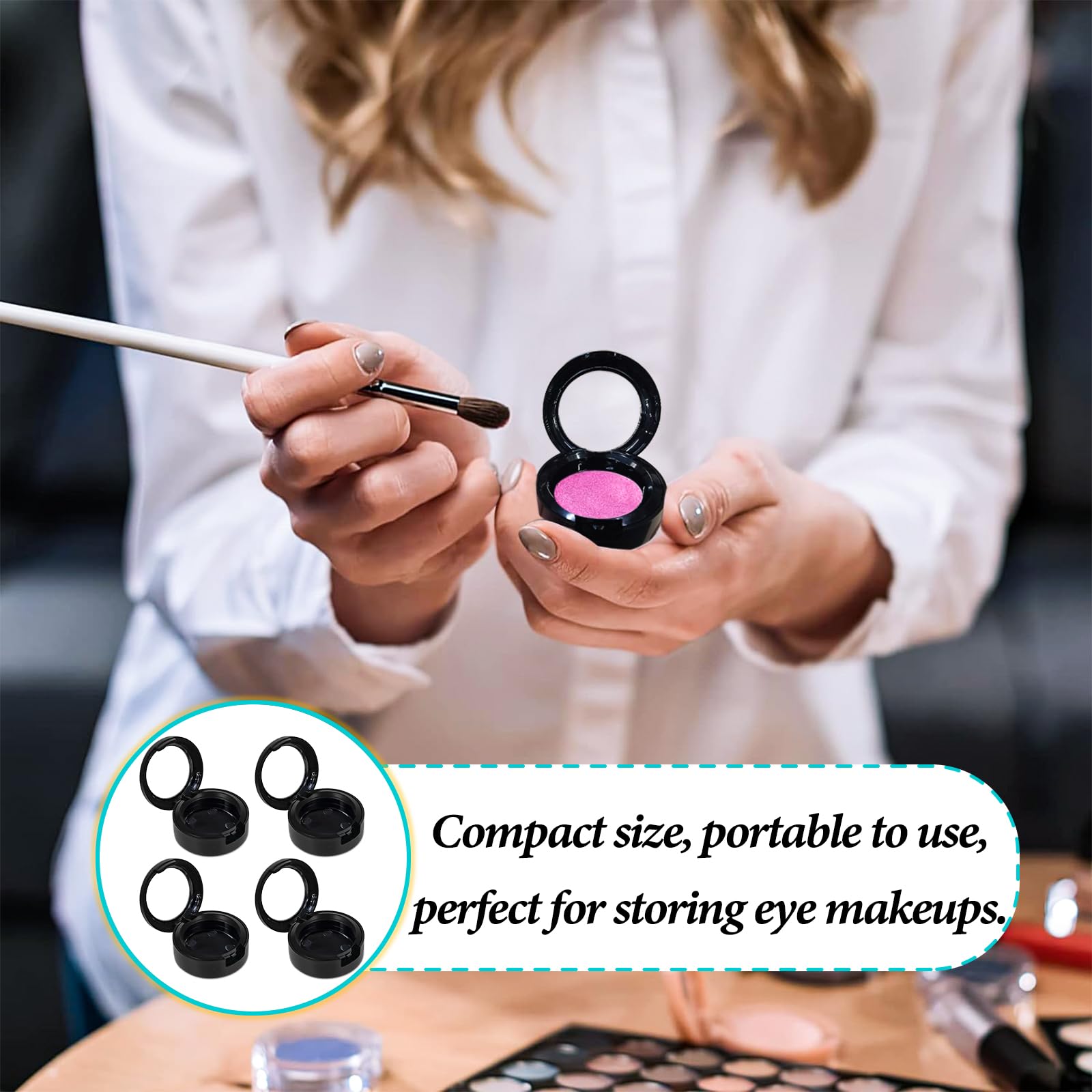 4 cajas vacías de sombra de ojos de maquillaje, contenedor de sombra de ojos recargable para uso diario en viajes, sartenes vacías para mujeres y niñas, 1.378 in, Negro - 5