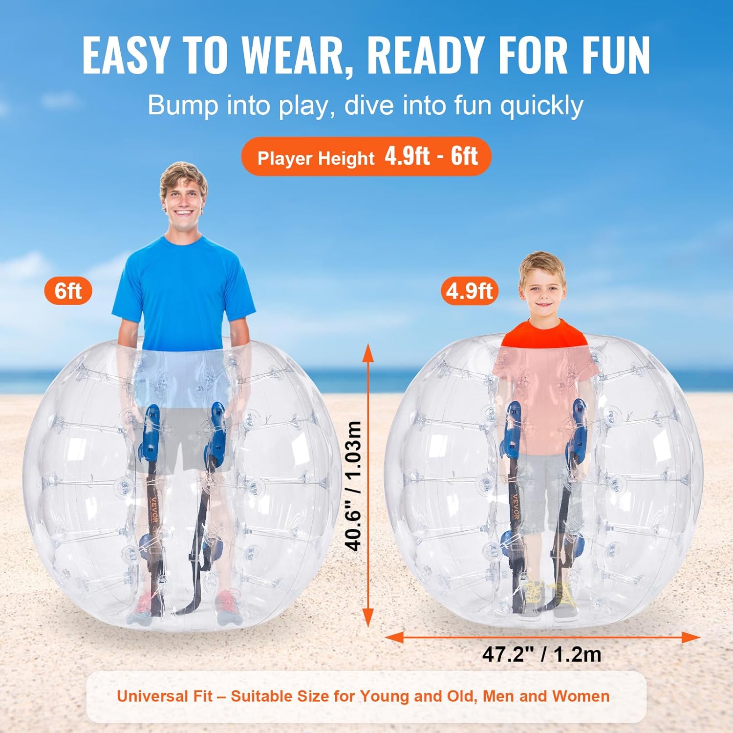 VEVOR Inflatable Bumper Ball, 4FT/5FT Body Sumo Zorb Balls for Teen, 0.8mm Thick PVC Human Hamster Bubble Balls for Outdoor Team Gaming Play, Bumper Bopper Toys for Garden, Yard, Park