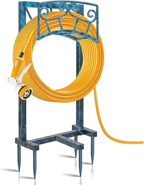 Gouisalin Garden Hose Holder, Heavy Duty Metal Water Hose Holders Hose Stand with 5 Spikes, Freestanding Hose Storage Rack Hose Hanger Holds 150ft Hose for Outside Yard Lawn Garden Decor (Retro Blue)