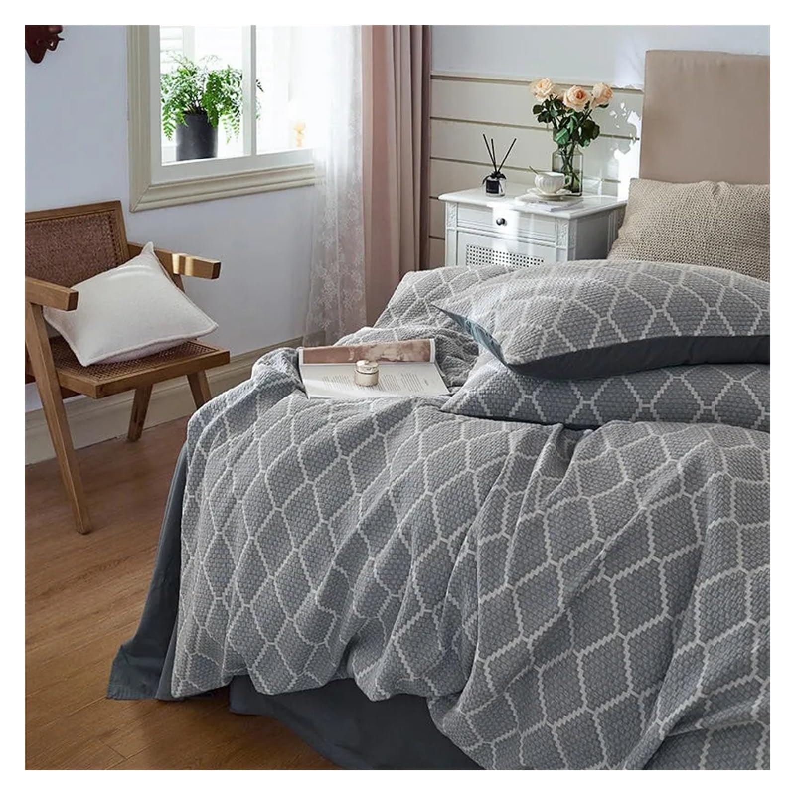 ADovz 100% cotone tinto in filo diamante jacquard coperta set copertura doppia regina re 4 pezzi morbido boho trapunta copertura lenzuolo fodere Compatible with cuscini,Lenzuola