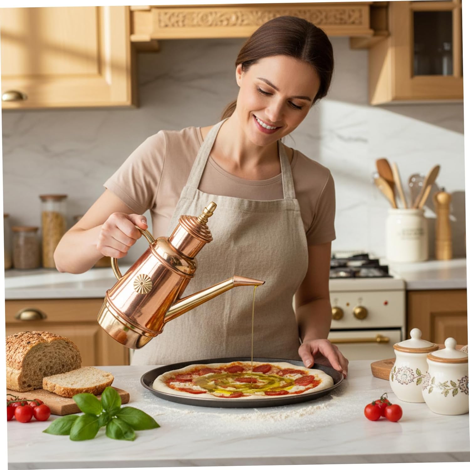 450ML Vintage Copper Oil Dispenser with Tin Lining & Precision Spout, Italian Style for Kitchen, Rustic Decor