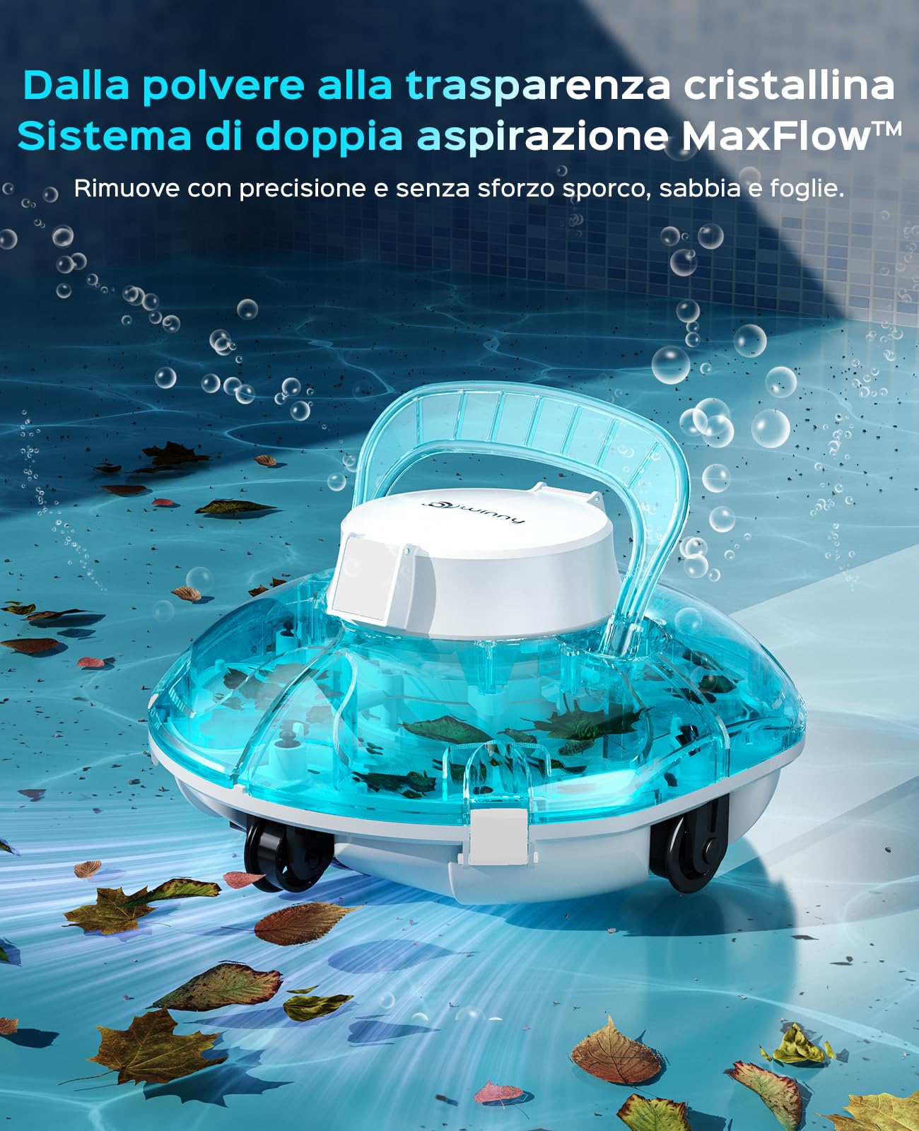 WINNY POOL CLEANER Winny 200 Robot Piscina, Piscina Senza Fili con Batteria, Autonomia 75 Min per Piscine Fuori Terra 60 m², Doppia Filtrazione, Parcheggio Automatico(Blu Marino-Bianco)