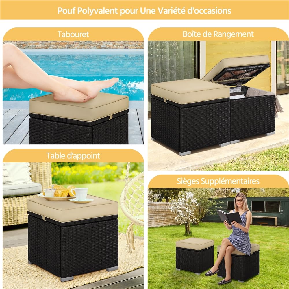Yaheetech Ottomano Set di 2 Sgabelli Poggiapiedi da Giardino con Cuscino e Contenitore Intreccio in Rattan Cubo Panca con Coperchio Rimovibile Resistente 39 X 39 X 41 cm Marrone/Khaki