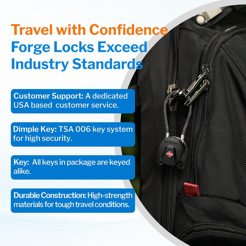 Forge TSA Approved Luggage Locks Ultra-Secure Dimple TSA006 Key Travel Locks with Zinc Alloy Body- Black 2 Cable Locks - Image 4