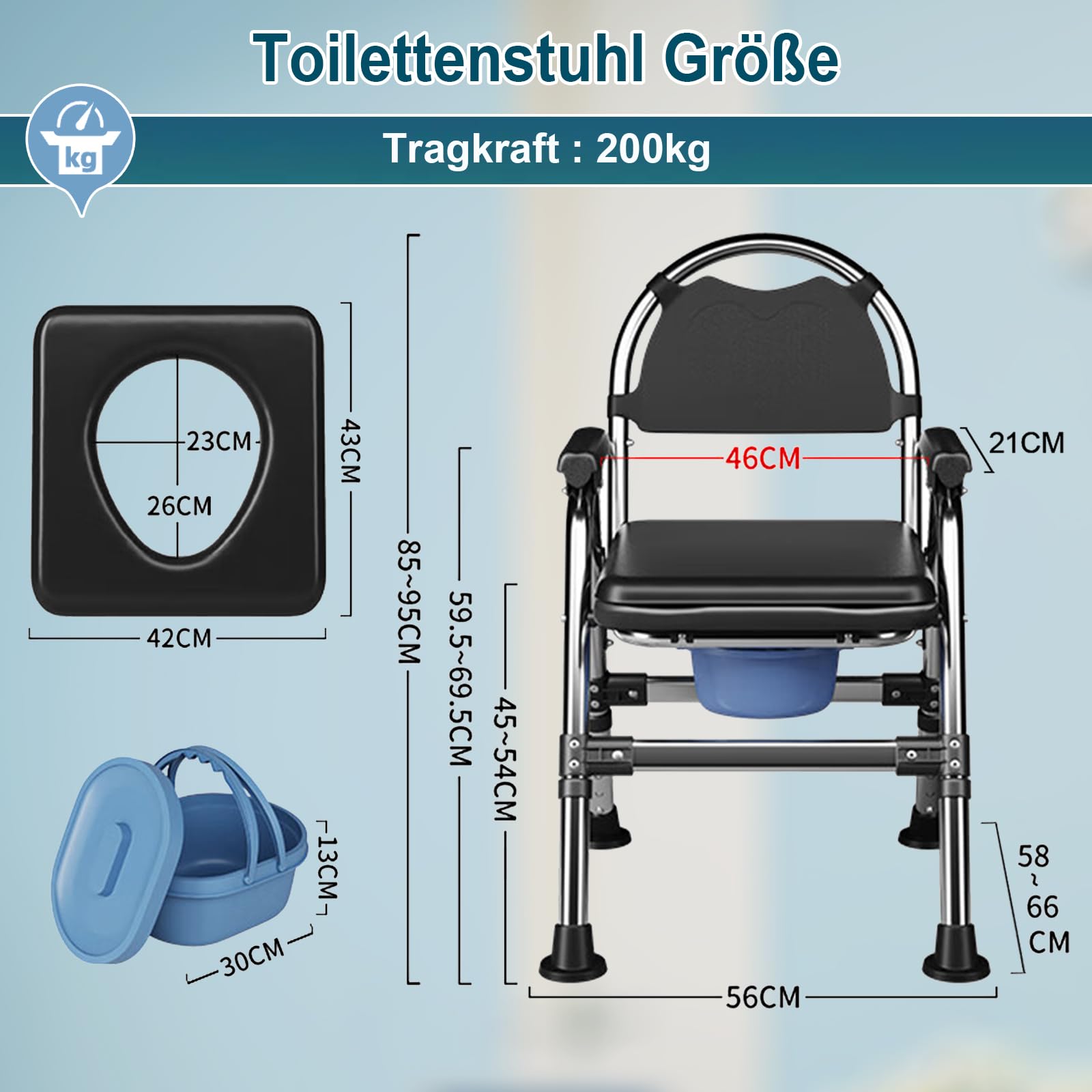 Toilettenstuhl für Senioren Klappbar, Höhenverstellbar Toilettenstühle Duschstuhl mit Toiletteneimer & Doppelkissen, Bequem Rutschfest WC Stuhl Nachtstuhl bis 200kg für Behinderte Schwangere (Schwarz)