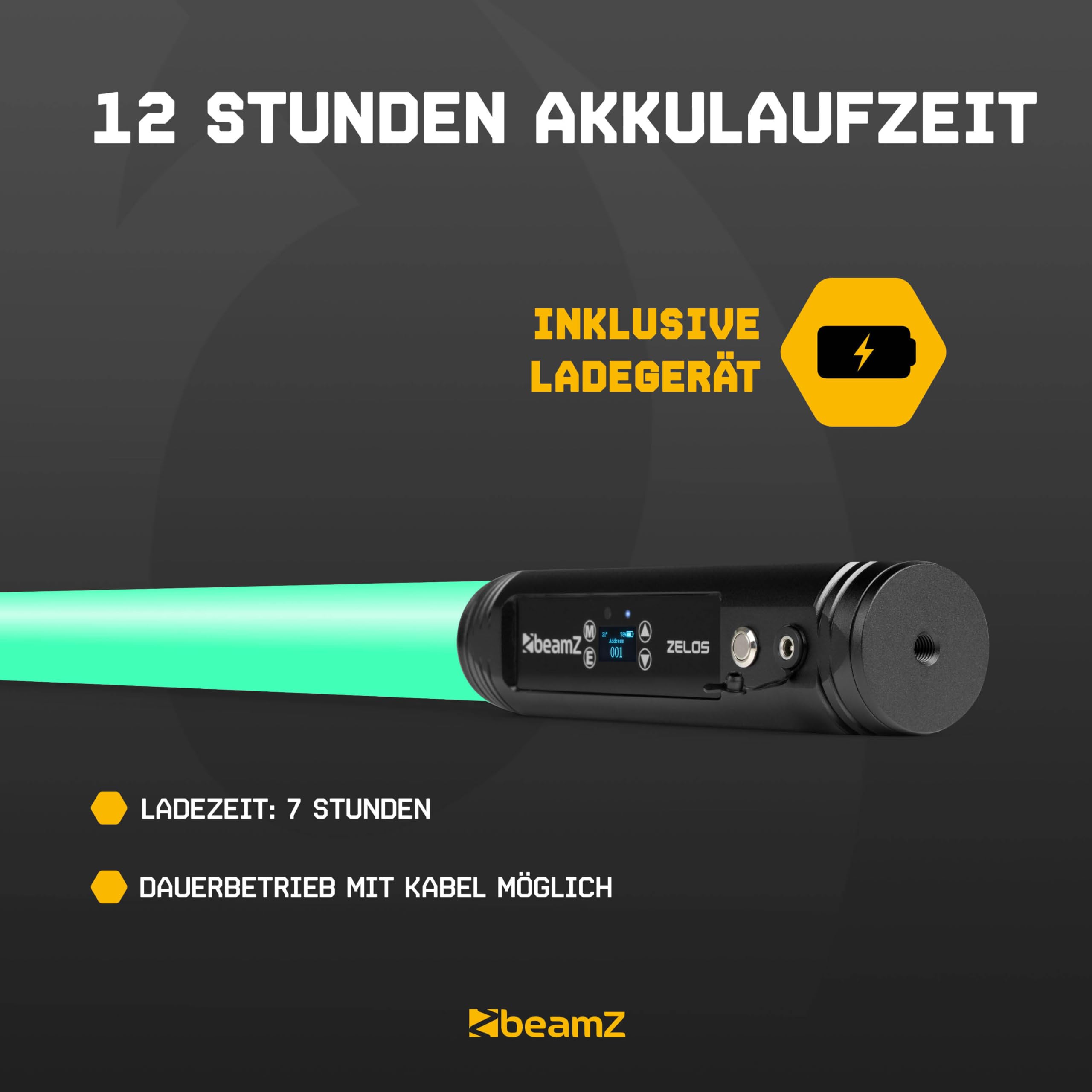 BeamZ Zelos - Akku LED Bar, Tube mit 360° RGBW, IP65 Wetterfest, 12h Akkukapazität, Bühnenlicht, Wireless DMX – Lichtorgel Musikgesteuert – LED Stehlampe für DJ Lichteffekte Partybeleuchtung