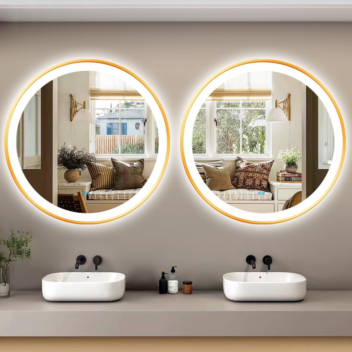 36 Inch Gold Round LED Mirror with Lights Gold Frame Round Lighted Mirror for Bathroom Wall Gold Round Lighted Vanity Mirror with Light 3 Color Dimmable AntiFog 36" Circle Light up Smart Mirror