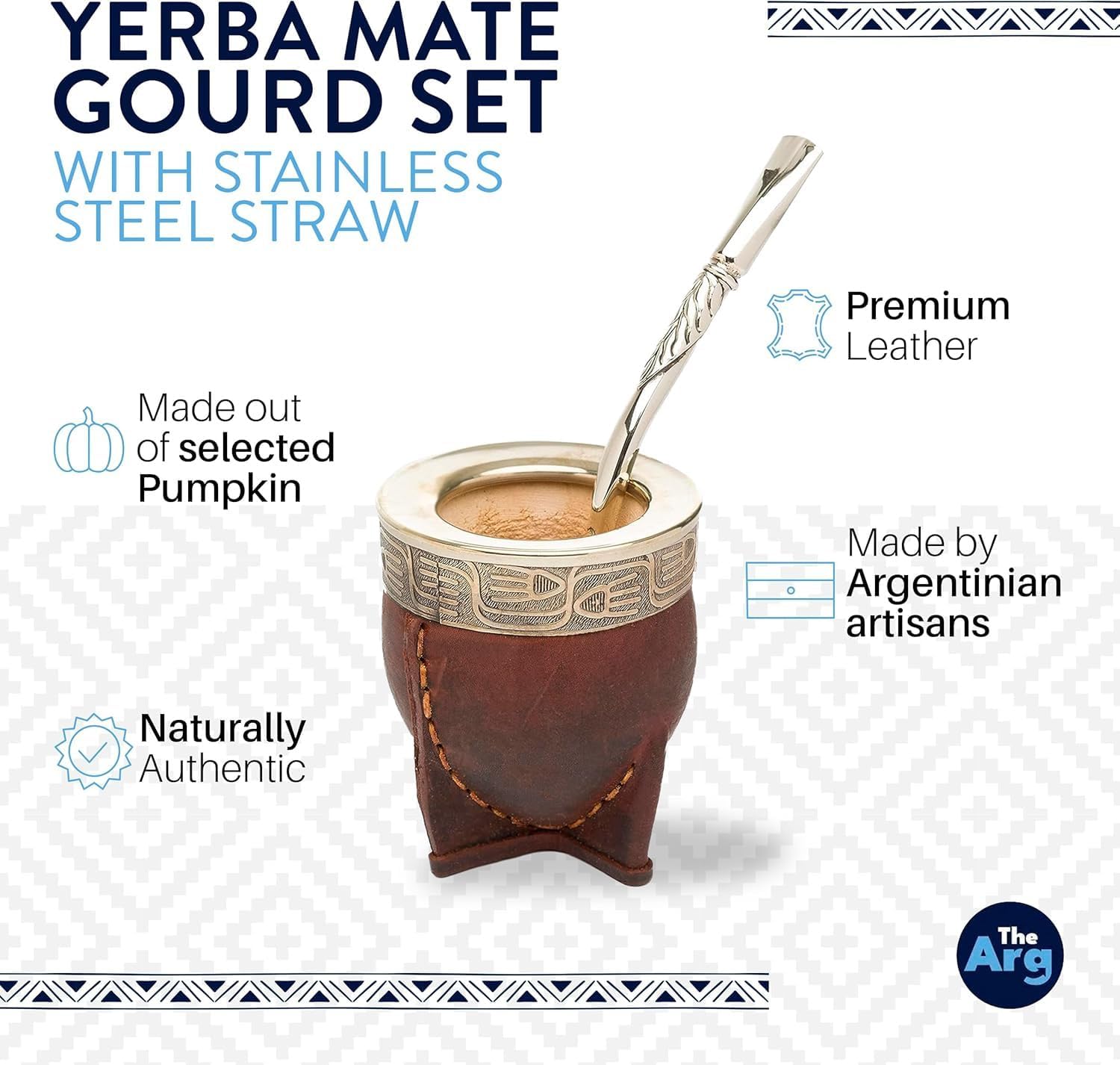 Yerba Mate Gourd Set with Stainless Steel Straw | Handmade Leather Yerba Mate Cup and Bombilla Set from Argentina - Beach Essentials - Idea for Gifts | Travel Cup Mate