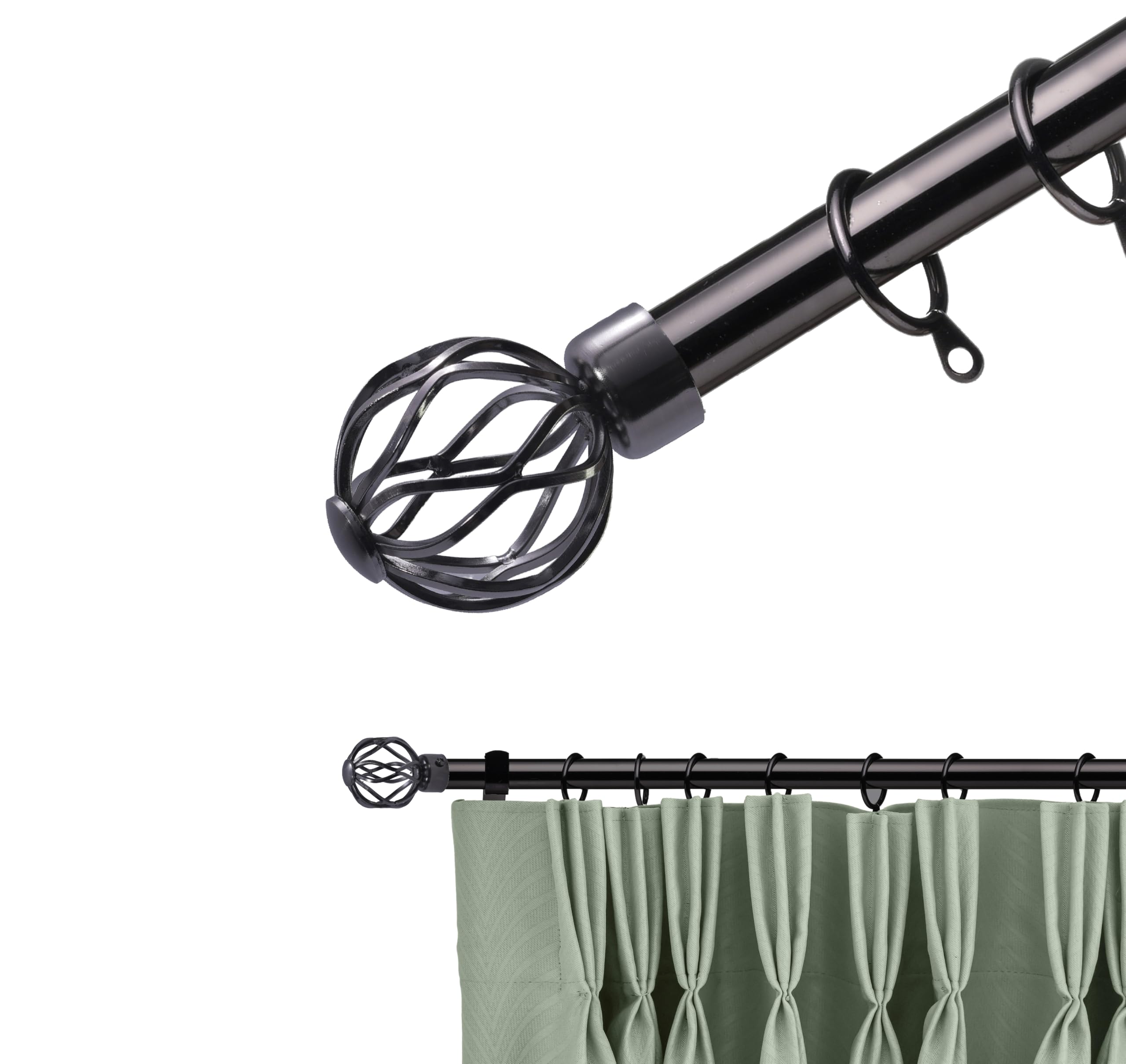Lister Cartwright 28mm Black Nickle Adjustable Extendable Metal Curtain Pole Set Rings with Globe Cage Finial Easy fit to Outdoor, Bedroom, Living Room (120-220 cm) — image 1