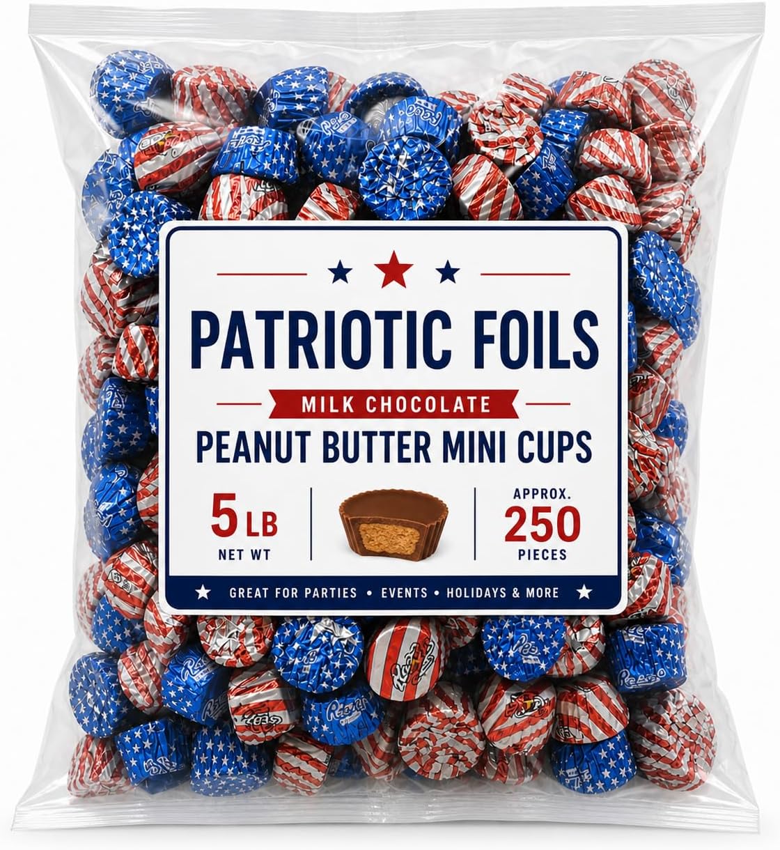 - Miniature Chocolate Peanut Butter Cup Candy Red White Blue Foil Wrapped Bulk Bag - 5 lb (Approx. 250 pieces)