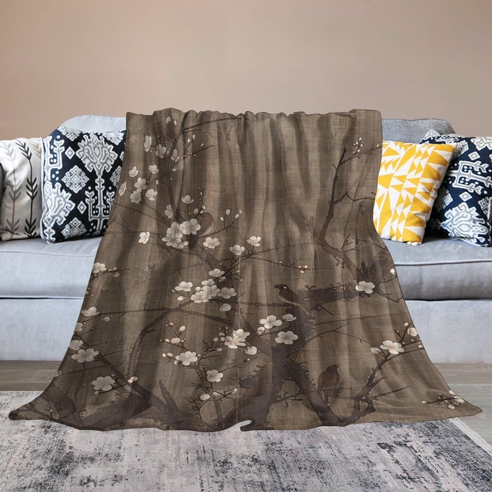 Couverture micro polaire fleurs de prunier 152cm en flanelle légère