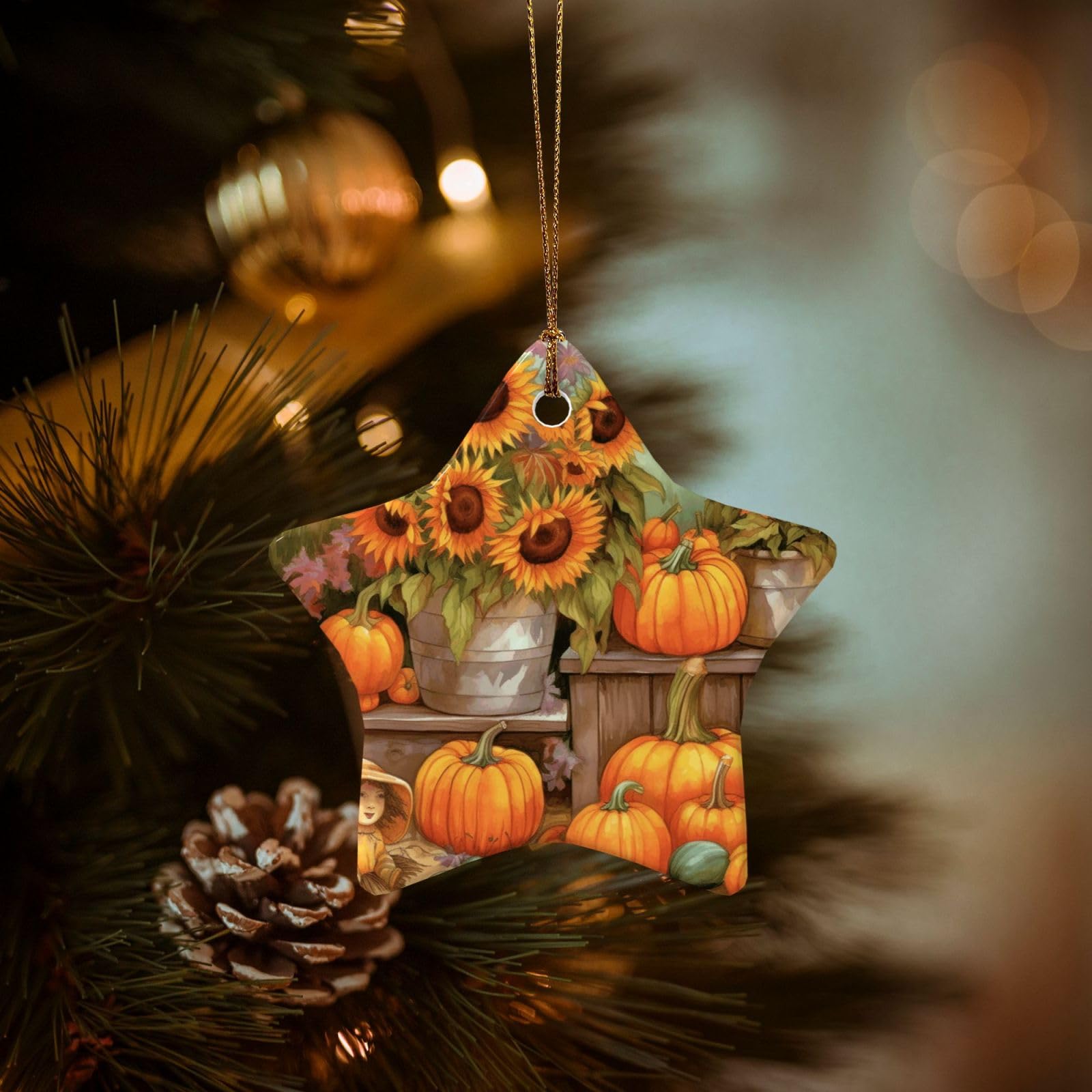 Christmas Ornaments for Christmas Tree Decoration Hanging Autumn Sunflowers Pumpkins Ornament with Gold Ribbon Crafts Star Shape Ceramic Pendant for Keepsake Gifts Xmas Decor Party Supplies