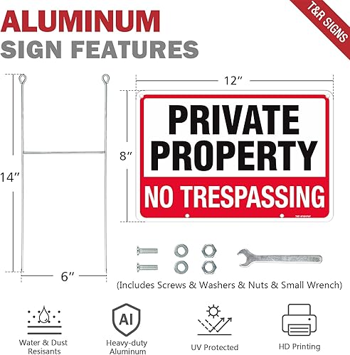 Miniatura 2 de T&R Letrero de propiedad privada con estaca en H para exteriores, paquete de 3, 12 x 8 pulgadas, aluminio pesado 040 libre de óxido, impermeable