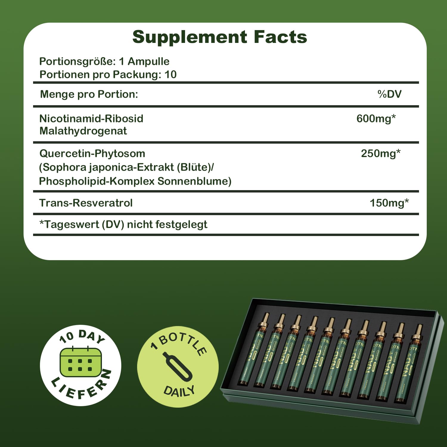 NAD+ Zellregeneration 1000mg – Flüssigkeit NAD Nahrungsergänzungsmittel für Anti-Aging, DNA-Reparatur & Energie – NAD+ Booster mit Resveratrol, Kollagen & Quercetin – 10 Trinkampullen