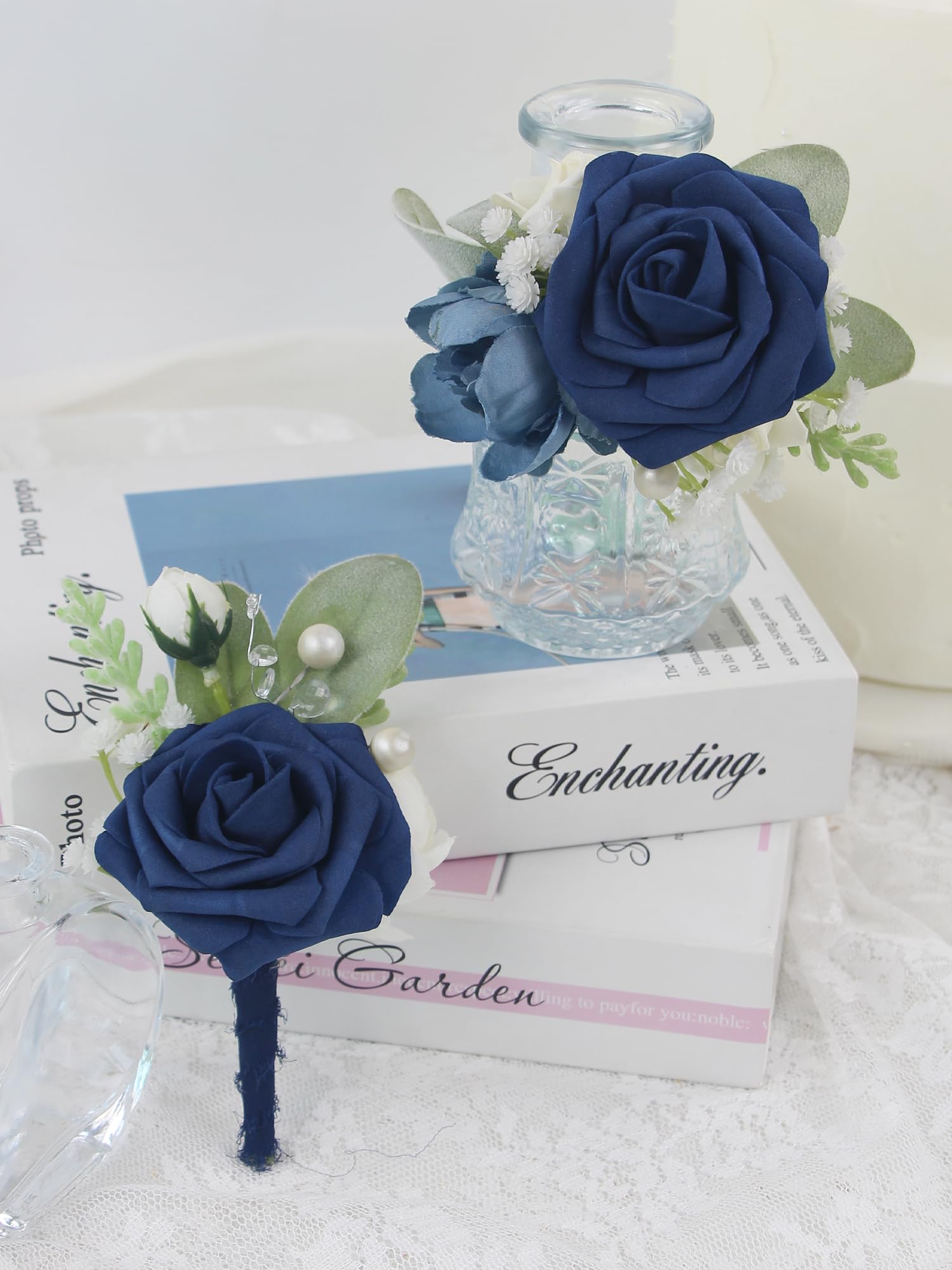 Rinlong Gorset i Boutonniere Zestaw Granatowa Róża Gorset Bransoletka Pan Młody Kwiat Boutonniere dla Mężczyzn Ślub Homecoming Gorset na bal