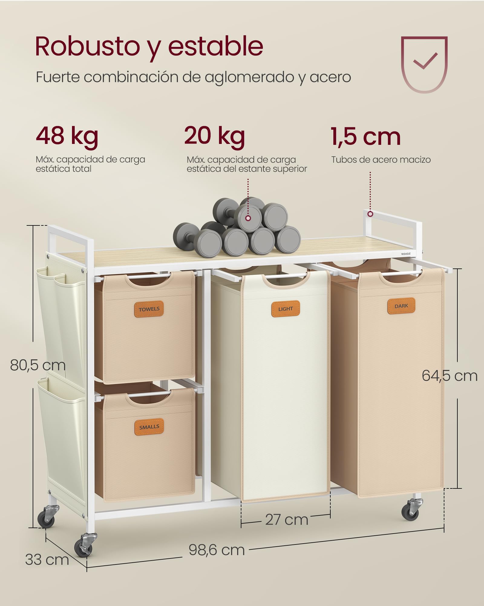 VASAGLE Cesto para Ropa Sucia, 4 Compartimentos, Cesta Ropa Sucia 150 L, con Estante Ruedas, Bolsa Colada, con Bolsillos Extraíbles, 6 Etiquetas, Beige Natural, Marrón Camello y Blanco Crema BLH203N01