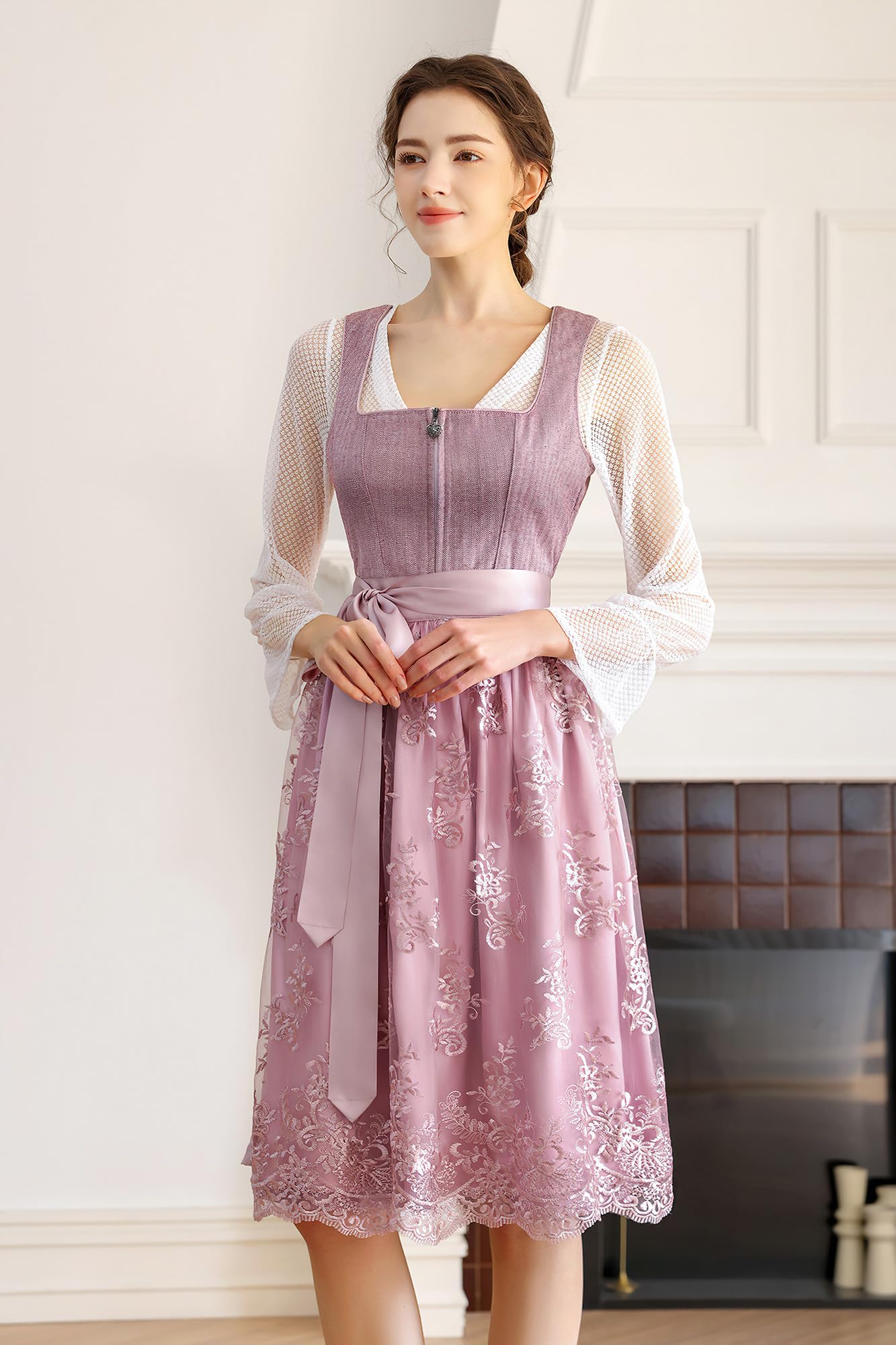 EIISSION Dirndl Damen Trachtenkleid Dirndlkleid midi Tracht Damen Lang Rosa 3 Teilig mit Trachtenrock Langärmel Dirndlbluse Schürze Trachtenmode Trachten Kleid für Oktoberfest