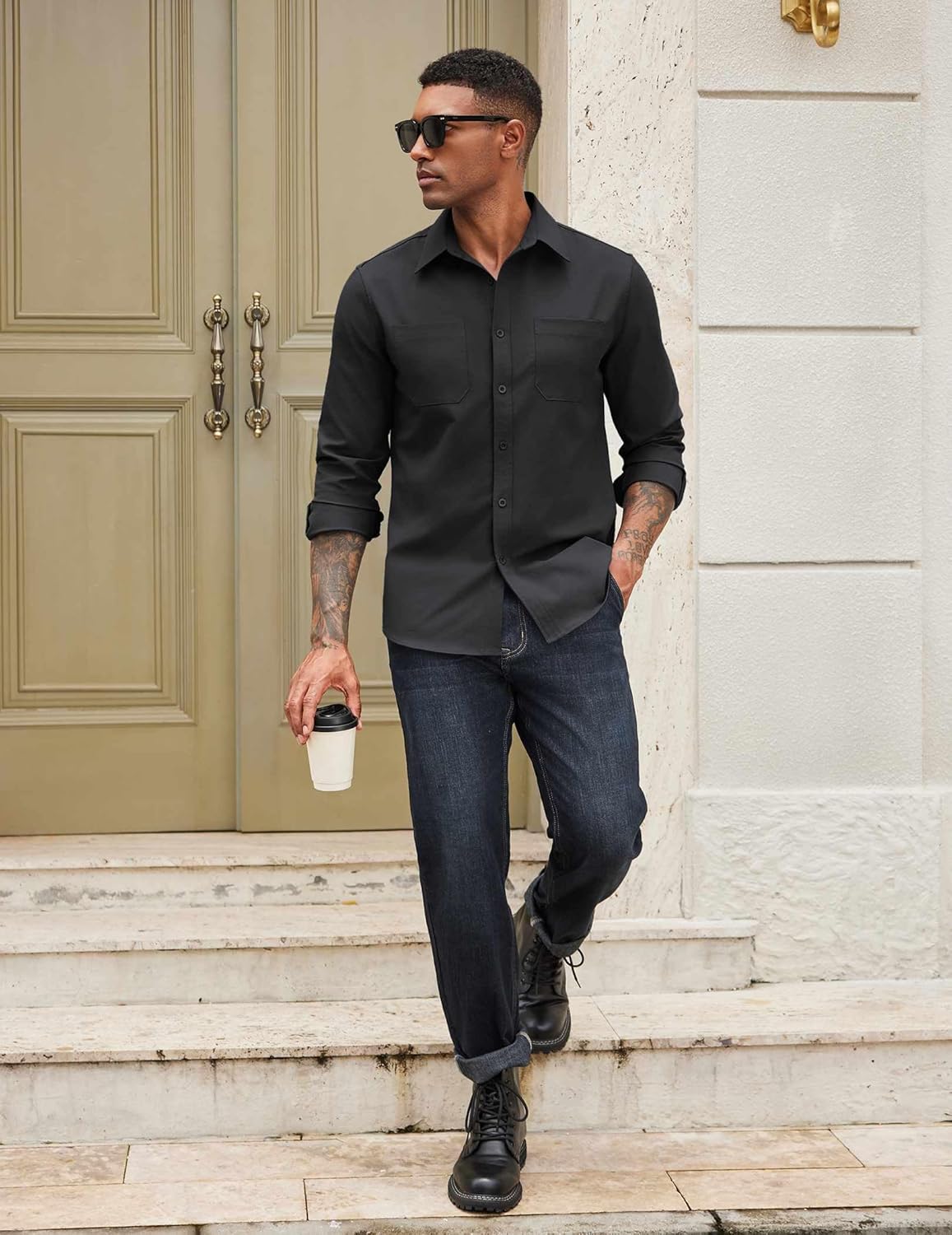 COOFANDY Mens Casual Button Down Work Shirts Untucked Long Sleeve Woven Shirt with Pockets - Image 3