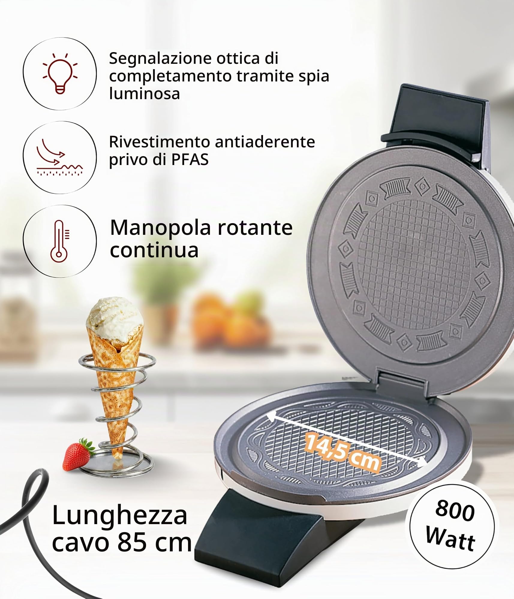 Cloer 261 Piastra per Coni, 800 W, diametro piastra di cottura 14,5 cm, rivestimento antiaderente, grado di doratura selezionabile, corpo in metallo verniciato bianco