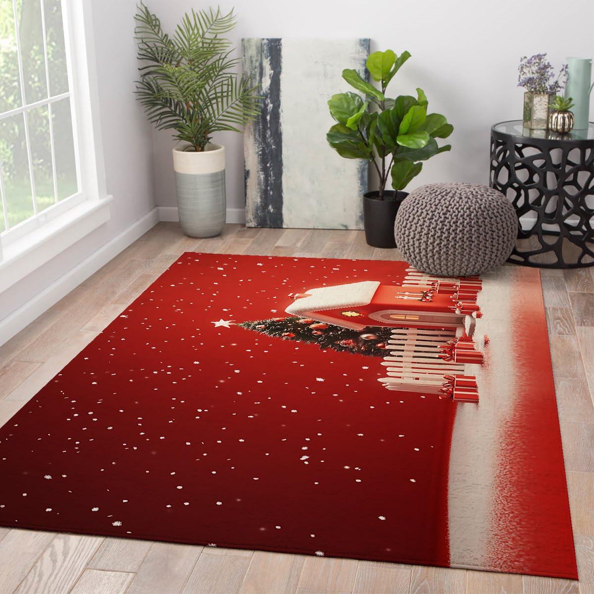 Tapis salon Noël ciel rouge étoilé 180x270cm tapis de sol lavable