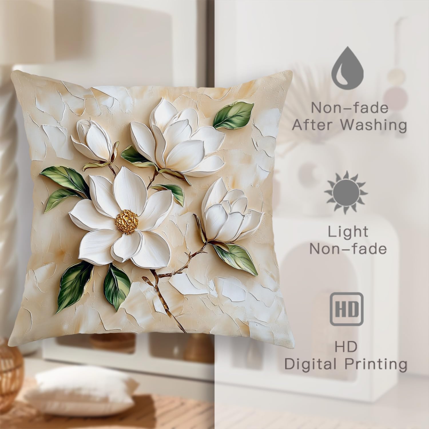 Magnolia Pillow Covers Set of 2, White Floral Embroidery Decorative Throw Pillows, Elegant Home Cushion Covers for Living Room Sofa Bed Couch, Spring Outdoor Decor 24x24 Inch