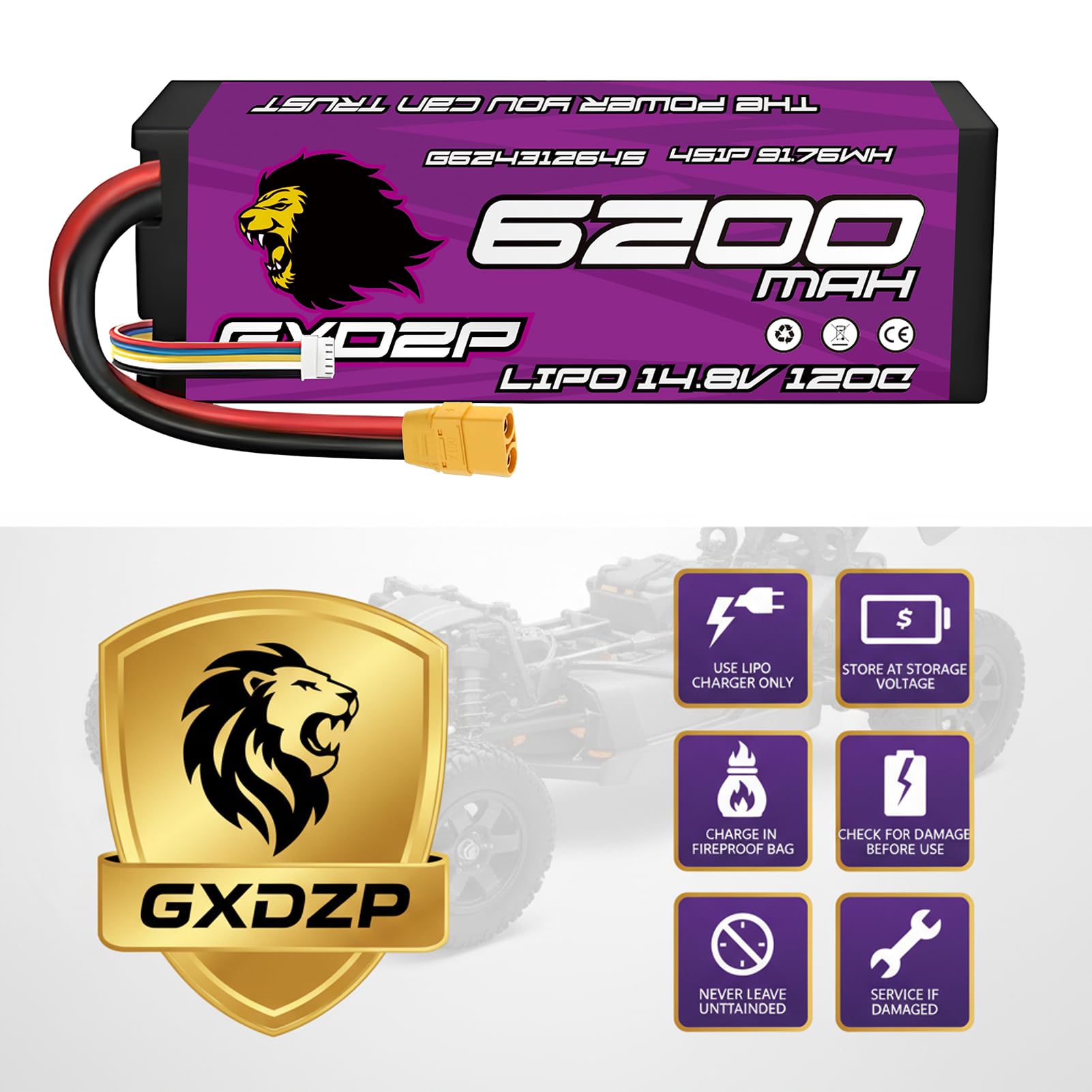 Lot 2 Batteries LiPo 4S 6200mAh 14,8V 120C XT90 Pack Double Haute Performance Longue Autonomie Boîtier Rigide pour Voiture Course Buggy Truggy Camion RC 1/10 1/8 Échelle Télécommandé