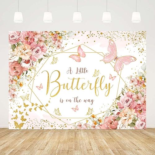 Miniatura 3 de Telón de fondo de mariposa para baby shower de 7 x 5 pies para niñas con texto en inglés "A Little Butterfly is on the Way", fondo de fotografía con