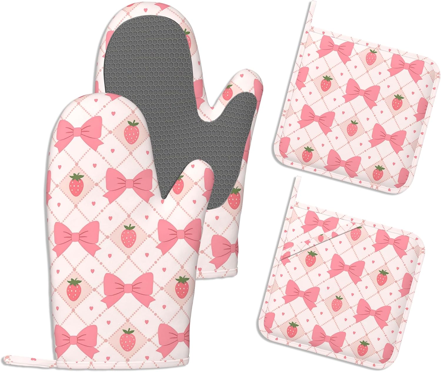 Pink Bow Pot Holders and Oven Mitts,Strawberry Oven Mitts Heat Resistant Cotton Lining Anti-Slip Silicone Kitchen Mitts Set Hot Pads for Microwaves Cooking Baking Grilling