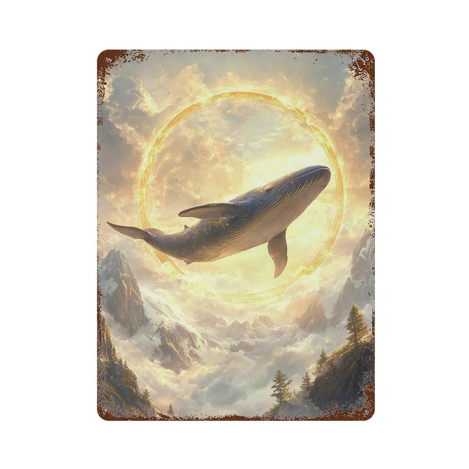 Rust Effect Whale in Sky Ring Rusty Metal Tin Sign 15.7"x11.8", Shabby Chic Decor for Garage, Bar And Workshop Decor
