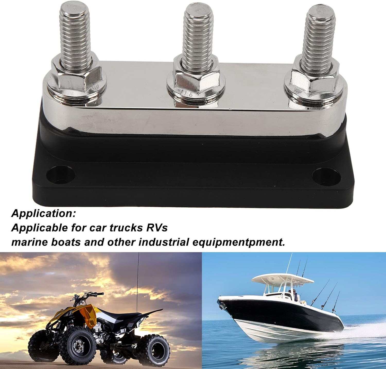 12-48V 600A Power Distribution Block 3 Studs M10 Battery Junction Bus Bar for Car Trucks RVs Marine - Durable Brass Plated, Easy Installation for Industrial Equipment (Black)