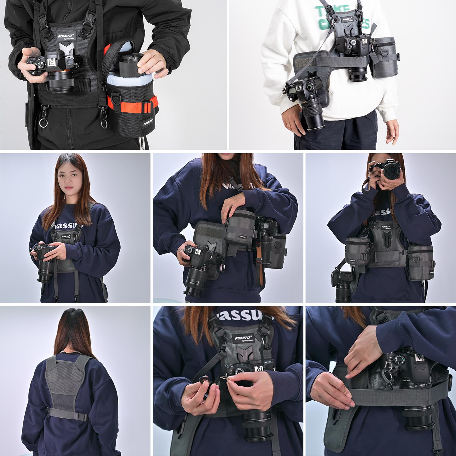 FOMITO Sistema de Arnés de Pecho para Cámara, Chaleco de Transporte Multicámara con Funda Lateral, Compatible con Canon, Nikon, Sony, Panasonic, Olympus, DSLR