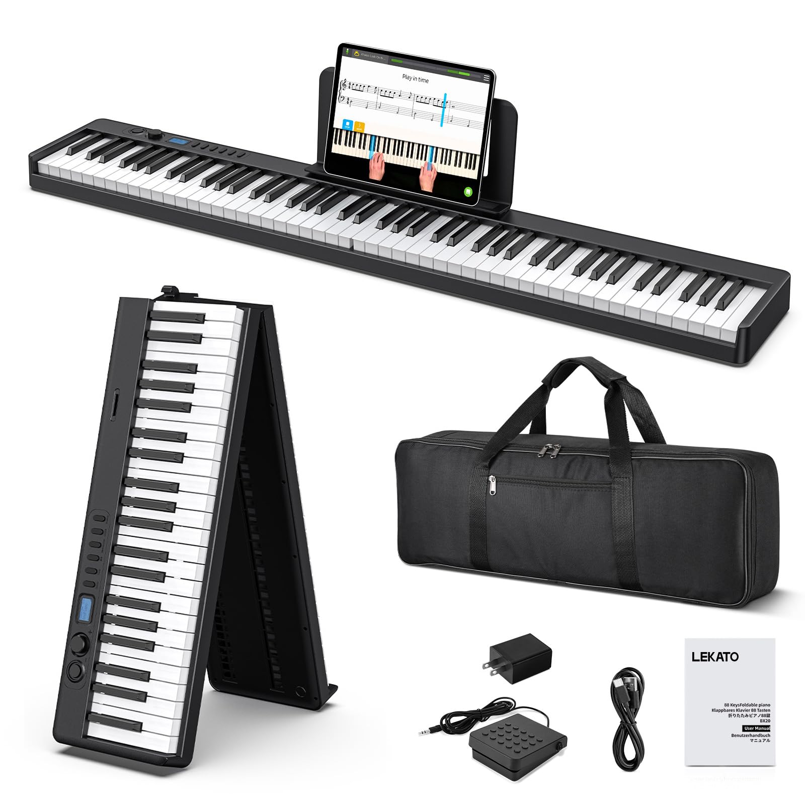 Photo 1 of LEKATO Portable 88 Keys Electric Piano Keyboard, Foldable Digital Piano with Full Size Semi-Weighted Velocity Keys, Wood Grain, Learning Mode, LCD Screen, Bluetooth USB Midi, for Beginners Home Travel